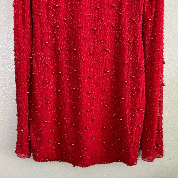 Oh Polly Deep Plunge Fully Beaded Red Long Sleeve Cowl Neck Mini Dress 8 Holiday - Picture 10 of 13